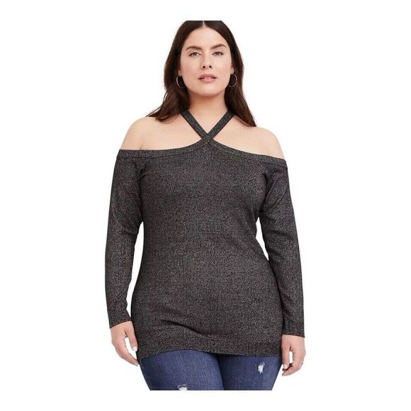 Torrid Womens Size 1X Pullover Cross Neck Cold Shoulder Metallic Sweater - Picture 1 of 5